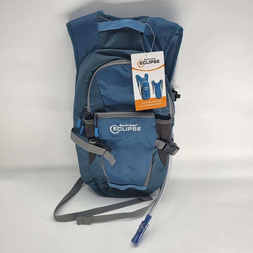 Bass Pro Shops Eclipse Hydration Pack 2.0L Blue 70oz Hiking Fishing 20x11x3 New
